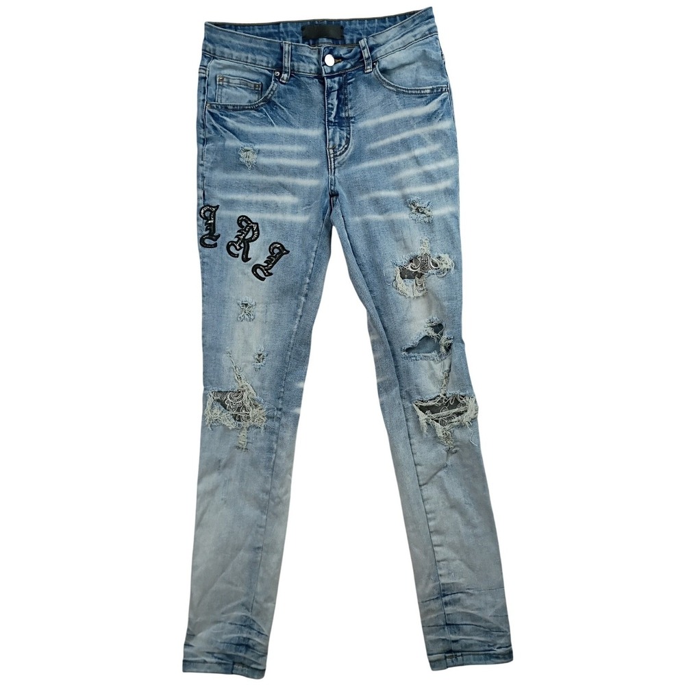 Amiri Jeans Mens 29 29X31 Blue Distressed Embroidered Skinny Denim Casual